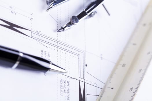 Architectural blueprints and working materials for architects for surveying in the Böro on a scherib tisch