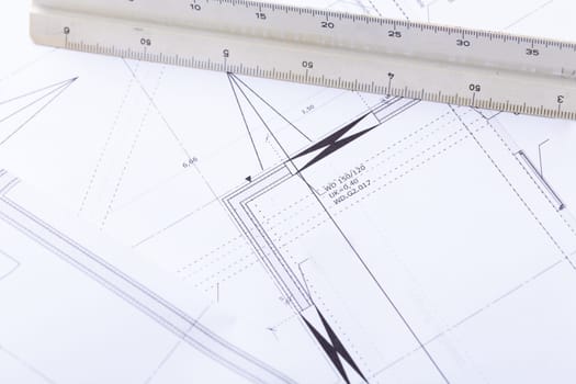 Architectural blueprints and working materials for architects for surveying in the Böro on a scherib tisch