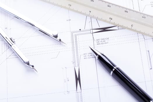 Architectural blueprints and working materials for architects for surveying in the Böro on a scherib tisch