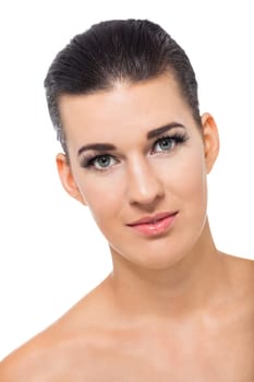 natural beautiful young woman with pure skin and dark hair isolated portrait cosmetic makeup care