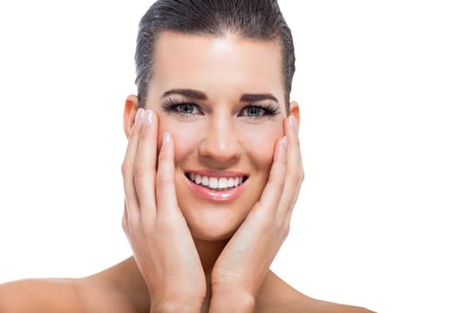 natural beautiful young woman with pure skin and dark hair isolated portrait cosmetic makeup care