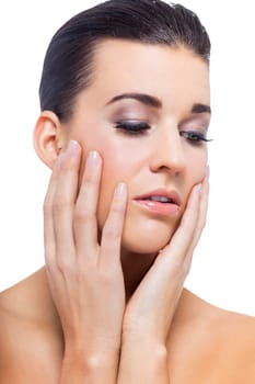 natural beautiful young woman with pure skin and dark hair isolated portrait cosmetic makeup care