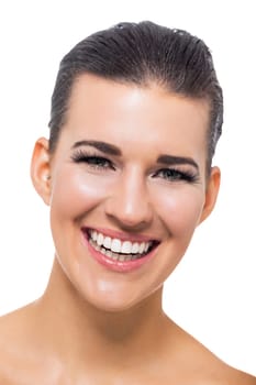 natural beautiful young woman with pure skin and dark hair isolated portrait cosmetic makeup care