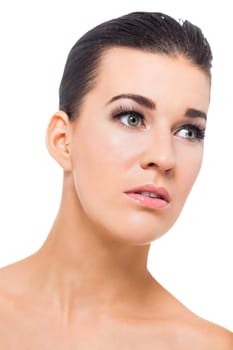 natural beautiful young woman with pure skin and dark hair isolated portrait cosmetic makeup care