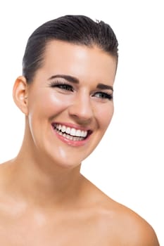 natural beautiful young woman with pure skin and dark hair isolated portrait cosmetic makeup care
