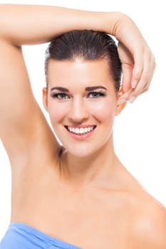 natural beautiful young woman with pure skin and dark hair isolated portrait cosmetic makeup care