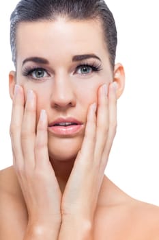 natural beautiful young woman with pure skin and dark hair isolated portrait cosmetic makeup care