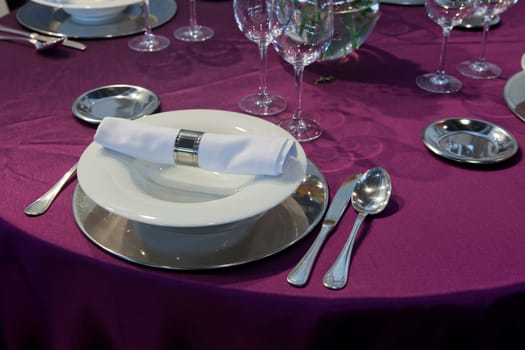Long lunch table at restaurant, ready to serve,Spain