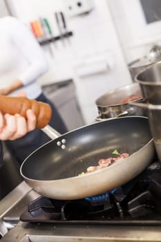 preparation of dinner in the kitchen restaurant close-up detail work cook