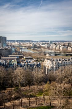Skyline of Paris with cityscape on the Saine with blue sky in summer