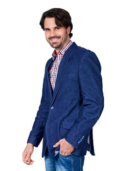 Young man in trendy casual look with dark hair and beard isolated against a white background