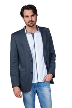 Self-proclaimed man in casual clothes with dark hair and beard isolated against a white background