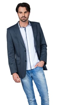 Self-proclaimed man in casual clothes with dark hair and beard isolated against a white background