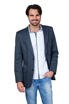 Self-proclaimed man in casual clothes with dark hair and beard isolated against a white background