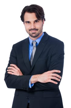 Self-proclaimed young businessman with suit dark hair and beard isolated against white background