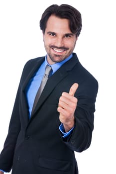 Attractive young businessman with raised thumb successfully isolated against a white background