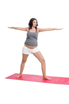 Young attractive mother in swing at training isolated against white background