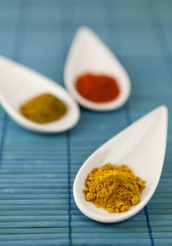 dried spices in porcelain bowls on a blue background