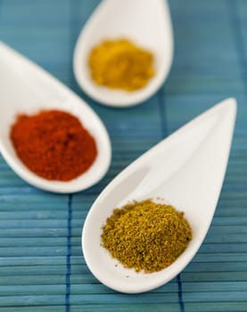 dried spices in porcelain bowls on a blue background