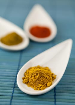 dried spices in porcelain bowls on a blue background