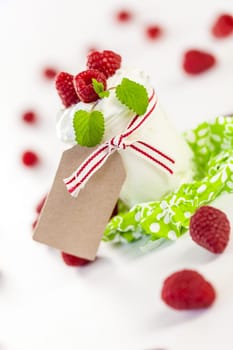 Fresh yoghurt with raspberries in a glass insulated on a white background
