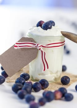 Glass with yoghurt and fresh blueberries blueberries for breakfast and for dessert