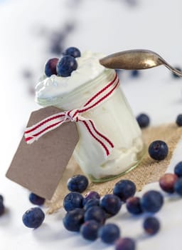 Glass with yoghurt and fresh blueberries blueberries for breakfast and for dessert