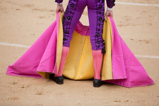 The bullfighter waits the bull with the capote during a bullfight
