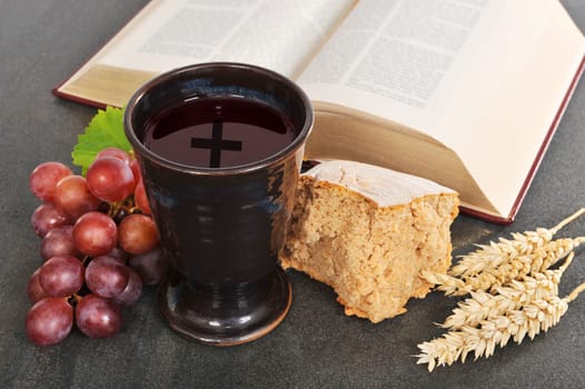 Bread,wine and the Bible for the sacrament or communion