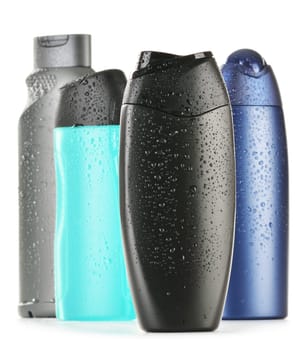 Composition with plastic bottles of body care and beauty products
