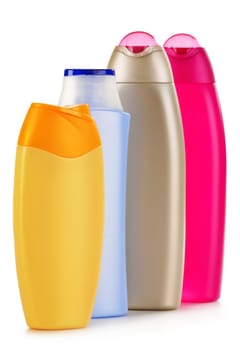 Composition with plastic bottles of body care and beauty products