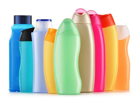 Composition with plastic bottles of body care and beauty products