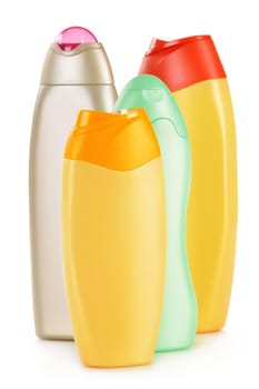 Composition with plastic bottles of body care and beauty products