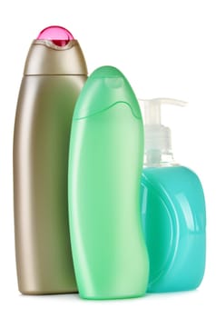 Composition with plastic bottles of body care and beauty products