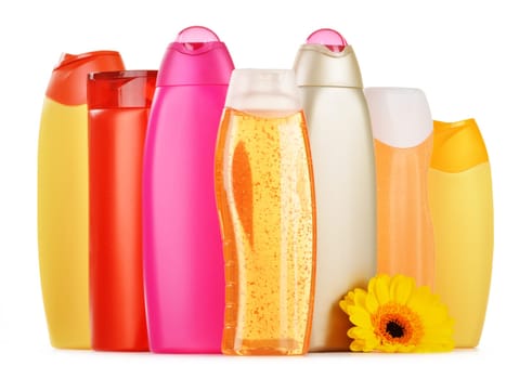 Composition with plastic bottles of body care and beauty products