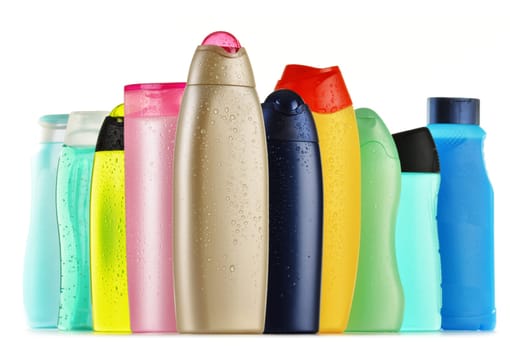 Composition with plastic bottles of body care and beauty products