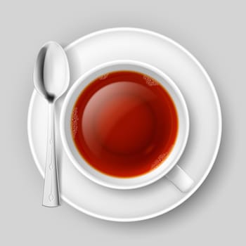 Cup of black tea with spoon over grey background