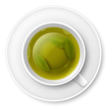 Cup of green tea with tea leaves at the bottom