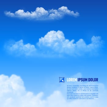 Fluffy white clouds on the sky  background. Down text