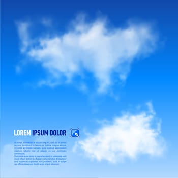Fluffy white clouds on the sky blue background. Down text