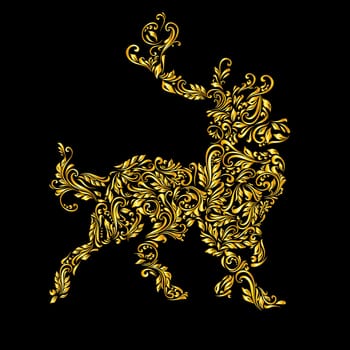 Floral gold pattern of vines in the shape of a deer on a black background