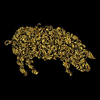 Floral gold pattern of vines in the shape of a pig on a black background