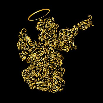 Floral gold pattern of vines in the shape of a christmas angel on a black background