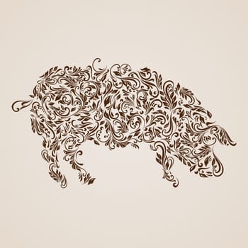 Floral pattern of vines in the shape of a pig on a beige background