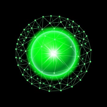 Bright green ball inside the grid on a black background