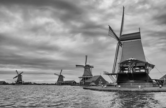 Black and white photo of Dutch windmills