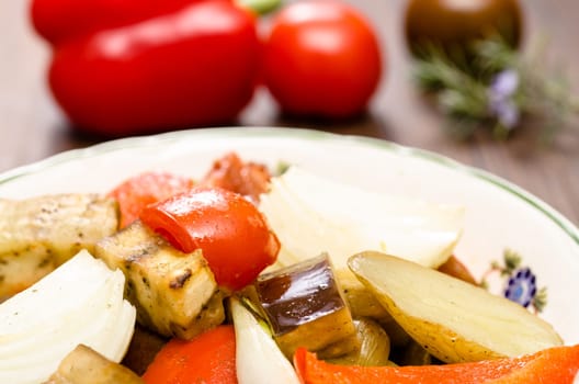 Grilled aubergine,tomato,peppers,potato and onion