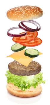 Flying ingredients of hamburger isolated on white