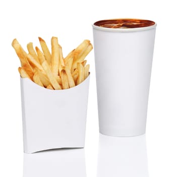 French fries and soda isolated on white background