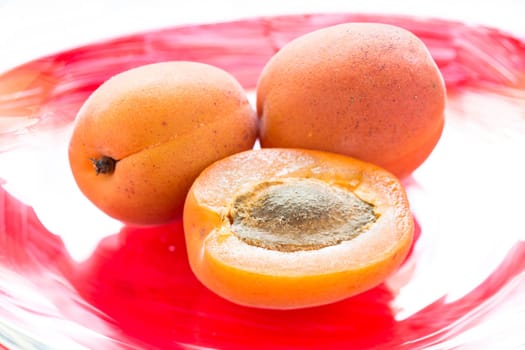 Three apricots on a red plate in the backlight